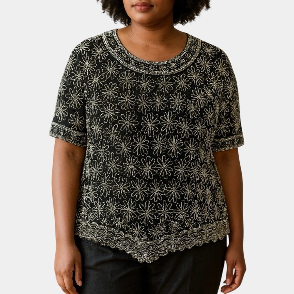 Papell Boutique Evening Sz 1X Black Silk Beaded Short Sleeve Top Scallop Hem VTG